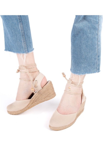 Gerçek Elişi Topuğu Açık Bilekten Bağlamalı Dolgu Topuk Keten Hasır Espadril Handmade
