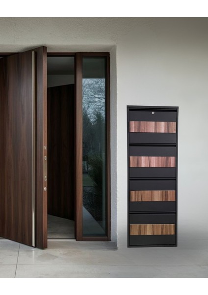 4'lü Antrasit Metal Ayakkabılık Ahşap Detaylı (Kilitli)