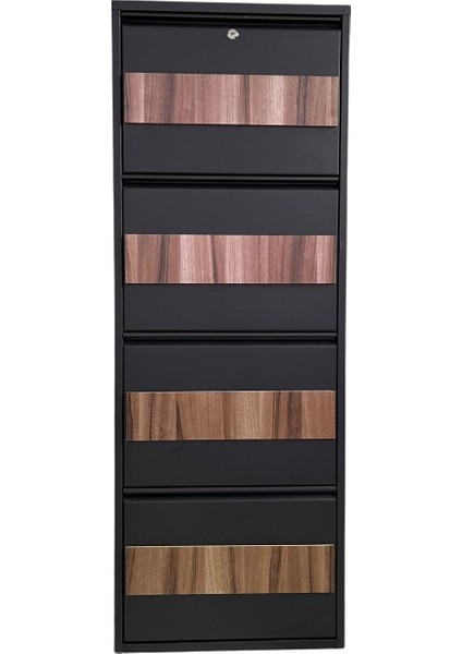 4'lü Antrasit Metal Ayakkabılık Ahşap Detaylı (Kilitli) modelleri