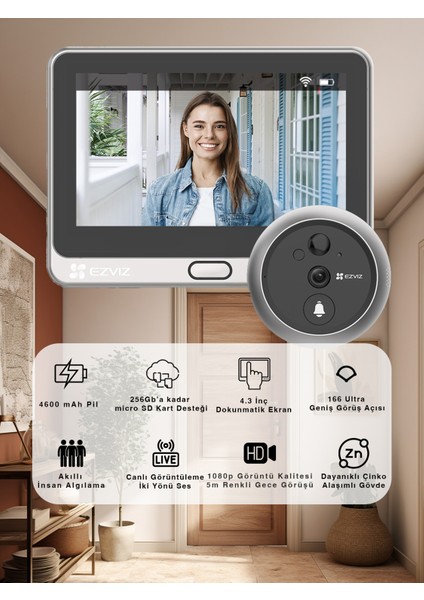 DP2 Akıllı Kapı Dürbünü – 4.3” Ekran, 2 MP Kamera, PIR Sensörlü Hareket Algılama, Anlık Bildirim | Fynix Teknoloji