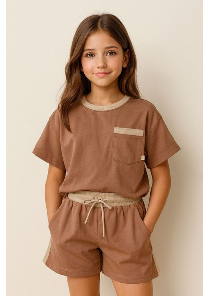 7-14 Yaş Ribana Detaylı Çocuk Şortlu Takım - Kahve