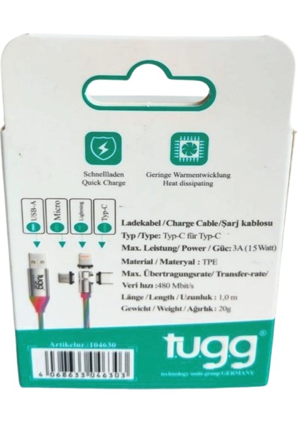 Tugg Germany Şarj Kablosu Mıknatıslı Micro/type-C/lightning To USB A fiyatları