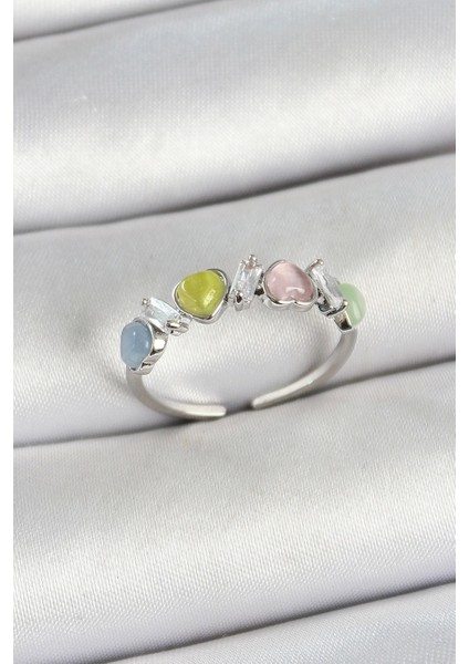 Pirinç Sıralı Kalp Figürlü Zirkon Taşlı Gümüş Renk Ayarlanabilir Kadın Yüzük - TJ-BYK3755