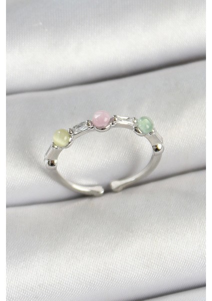 Pirinç Sıralı Boncuk Figürlü Zirkon Taşlı Gümüş Renk Ayarlanabilir Kadın Yüzük - TJ-BYK3759