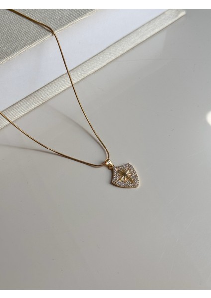 Zirkon Taşlı Plakada Kuzey Yıldızı Gold Çelik Kolye fırsatları