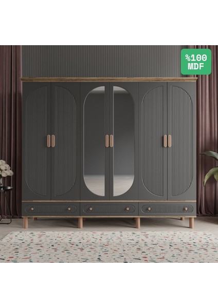 Soho 6 Kapaklı Aynalı Çekmeceli Mdf Gardırop