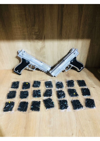 Elite Gold-Siyah ve Gümüş Renk Boncuklu Oyuncak Tabanca 2 Adet + 21 Paket Boncuk 1 Adet