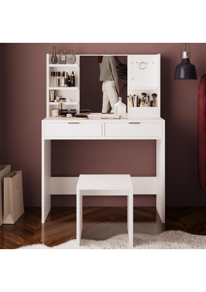 V5050 Diena Takı Askılı Raflı Tabureli Makyaj Masası Aynalı Beyaz