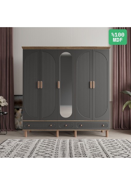 Soho 5 Kapaklı Aynalı Çekmeceli Mdf Gardırop