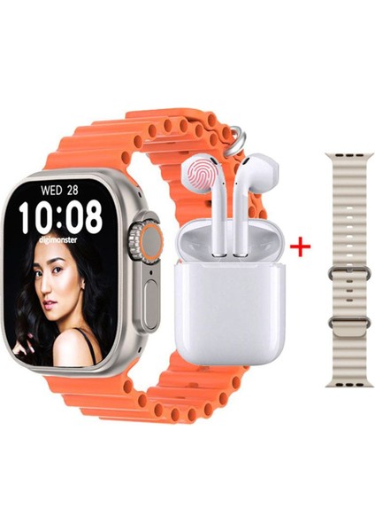 Ultra Plus Watch 8 Akıllı Saat + Bluetooth Kulaklık + Yedek Kordon 2.1 Ekran Kablosuz Şarj IPS Ekran