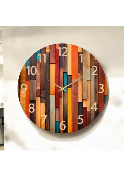 Modern Renkli Baskı Ahşap Desenli Sayılı Hediyelik Ahşap Sessiz Duvar Saati 50CM