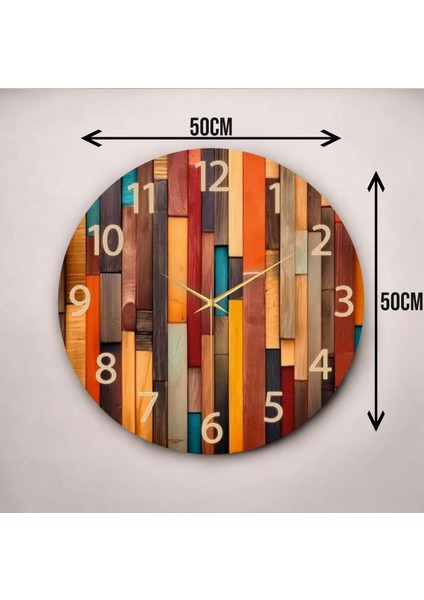 Modern Renkli Baskı Ahşap Desenli Sayılı Hediyelik Ahşap Sessiz Duvar Saati 50CM modelleri