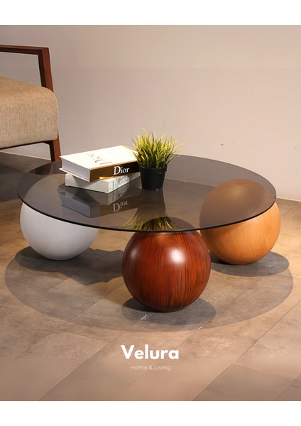 Modern Orta Sehpa & Top Sehpa Cam Sehpa & Küre Orta Sehpa - 1 Beyaz Top & 1 Ceviz Top & 1 Meşe Top - Yuvarlak - Füme Cam