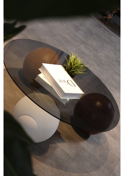 Modern Orta Sehpa & Top Sehpa Cam Sehpa & Küre Orta Sehpa - 1 Beyaz Top & 1 Ceviz Top & 1 Meşe Top - Yuvarlak - Füme Cam fiyatları