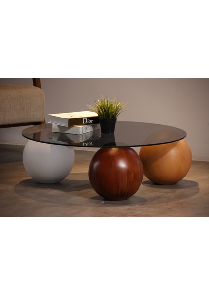Modern Orta Sehpa & Top Sehpa Cam Sehpa & Küre Orta Sehpa - 1 Beyaz Top & 1 Ceviz Top & 1 Meşe Top - Yuvarlak - Füme Cam modelleri