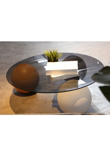 Modern Orta Sehpa & Top Sehpa Cam Sehpa & Küre Orta Sehpa - 1 Beyaz Top & 1 Ceviz Top & 1 Meşe Top - Yuvarlak - Füme Cam fırsatları