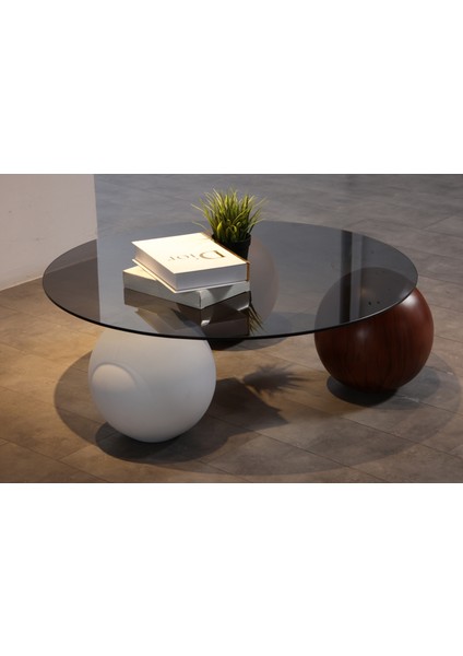 Modern Orta Sehpa & Top Sehpa Cam Sehpa & Küre Orta Sehpa - 1 Beyaz Top & 1 Ceviz Top & 1 Meşe Top - Yuvarlak - Füme Cam indirimleri