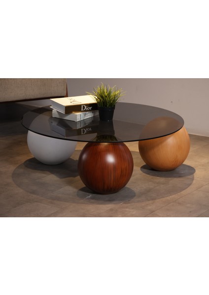 Modern Orta Sehpa & Top Sehpa Cam Sehpa & Küre Orta Sehpa - 1 Beyaz Top & 1 Ceviz Top & 1 Meşe Top - Yuvarlak - Füme Cam