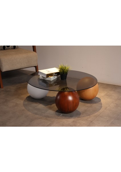 Modern Orta Sehpa & Top Sehpa Cam Sehpa & Küre Orta Sehpa - 1 Beyaz Top & 1 Ceviz Top & 1 Meşe Top - Yuvarlak - Füme Cam