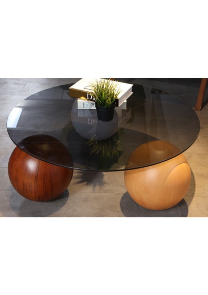 Modern Orta Sehpa & Top Sehpa Cam Sehpa & Küre Orta Sehpa - 1 Beyaz Top & 1 Ceviz Top & 1 Meşe Top - Yuvarlak - Füme Cam