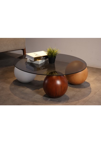 Modern Orta Sehpa & Top Sehpa Cam Sehpa & Küre Orta Sehpa - 1 Beyaz Top & 1 Ceviz Top & 1 Meşe Top - Yuvarlak - Füme Cam