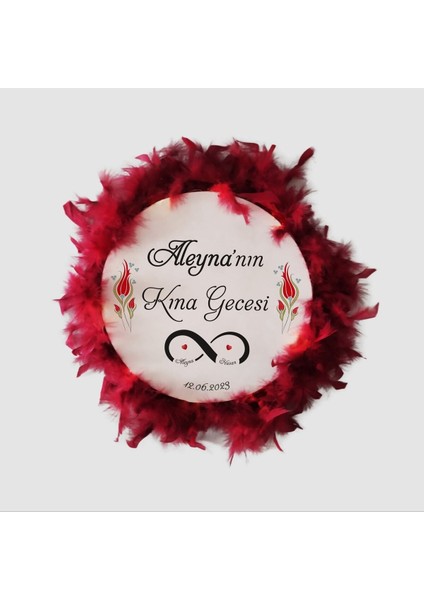 Kına Tefi Deri Tef 32 cm Kişiye Özel Büyük Boy Bordo Tüylü (S32BBOTEF)