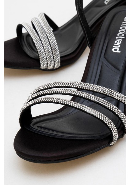 Kadın Biyeli 3 Taşlı Topuklu Ayakkabı Siyah Saten modelleri