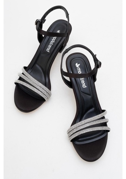 Kadın Biyeli 3 Taşlı Topuklu Ayakkabı Siyah Saten indirimleri