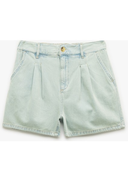 Normal Bel Pileli Düğmeli Cepli Rahat Kalıp Mini Denim Şort