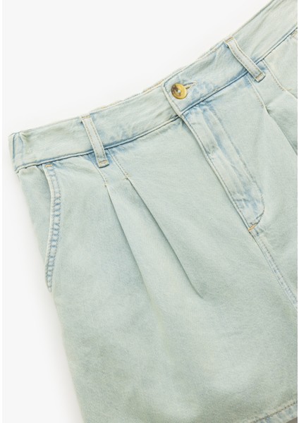 Normal Bel Pileli Düğmeli Cepli Rahat Kalıp Mini Denim Şort modelleri