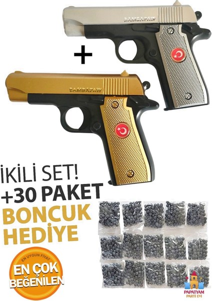 Elite Türk Bayraklı Boncuklu Oyuncak Tabanca Seti - Gold ve Gümüş Renk Ile 30 Paket Bonus Boncuk 1 Adet