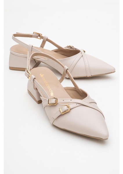 Kadın Arkası Açık Çapraz Tokalı Topuklu Ayakkabı Bej Cilt