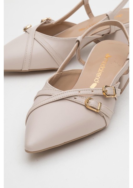 Kadın Arkası Açık Çapraz Tokalı Topuklu Ayakkabı Bej Cilt modelleri