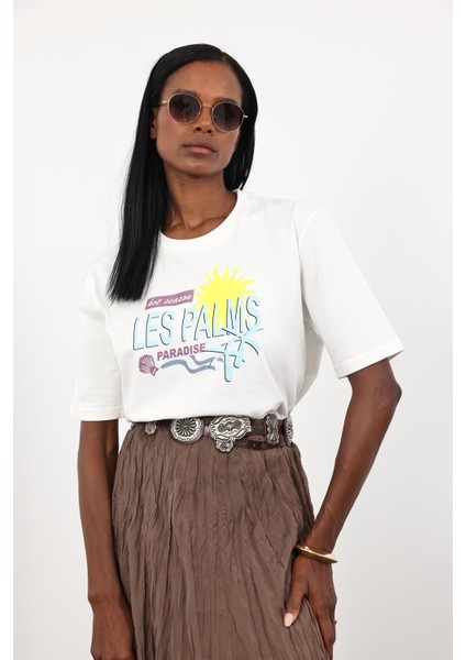 Beyaz Les Palms Baskılı Basic Tişört 0494
