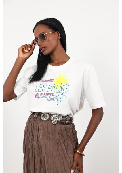 Beyaz Les Palms Baskılı Basic Tişört 0494 modelleri
