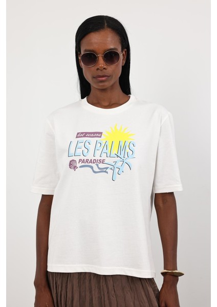 Beyaz Les Palms Baskılı Basic Tişört 0494 fırsatları