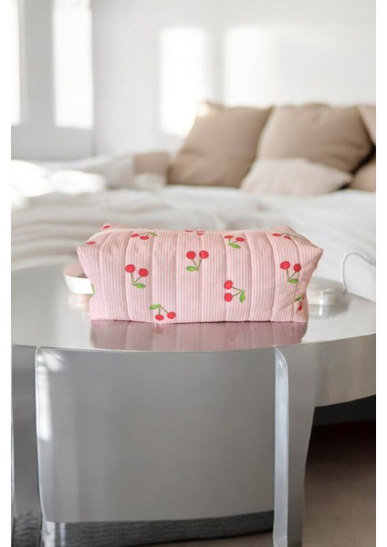 Pembe Çizgili Kiraz Desenli Dyson Airwrap Uyumlu Saç Şekillendirici Çantası | Makyaj ve Kozmetik Organizer | Fermuarlı, Pamuklu Astarlı, 35X14X12 cm