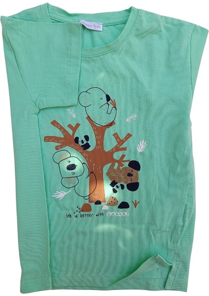 Erkek Çocuk Koala Baskılı Mint T-Shirt Bağcıklı Lastikli Şort İkili Takım