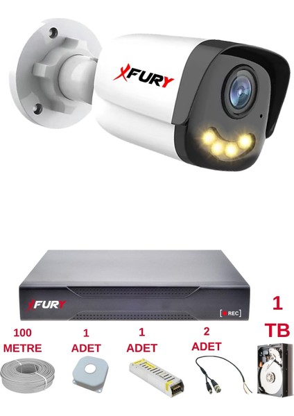1 Kameralı 4 Warm LED Gece Renkli Görüş-Cepten Izle-Su Geçirmez Güvenlik Kamerası Seti 1tb
