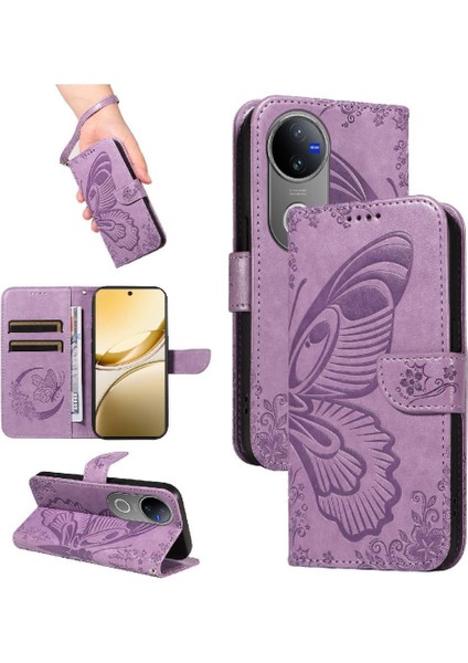 Vıvo V50 5g Kabartmalı Kelebek Ayrılabilir El Kayışı Ile Flip Case (Yurt Dışından)