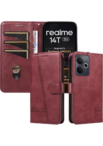 Realme Için Filp Durumda 14 5g Cüzdan Telefon Kılıfı Kart Ile Preslenmiş Pu Deri (Yurt Dışından)