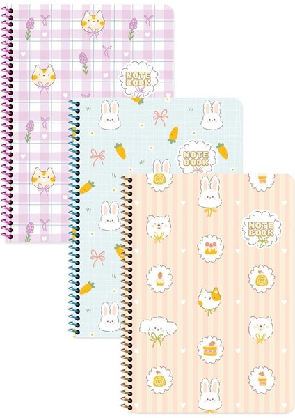 Kawaii Çizgili Stickerli Defter Seti 3 Adet | 16,5 x 22,5 cm | Spiralli – 80 Yaprak
