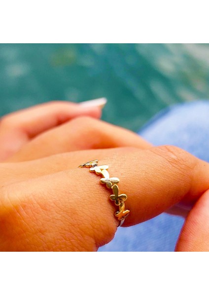 Gümüş Yüzük - Kadın Sıralı Kelebek Uğur Yüzüğü - 925 Ayar Hediye Gümüş Yüzük - Kelebek Şans Yüzüğü