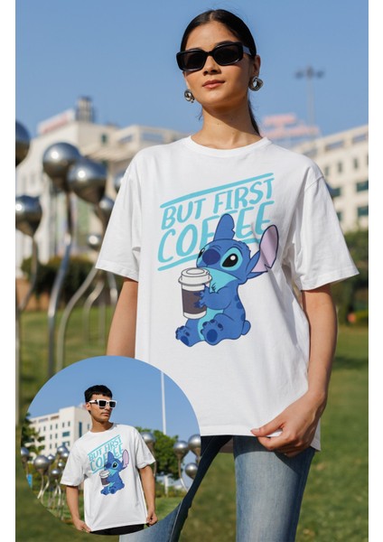 Unisex But First Coffee Stich Baskılı Tişört, Oversize Çizgi Film Temalı T-Shirt