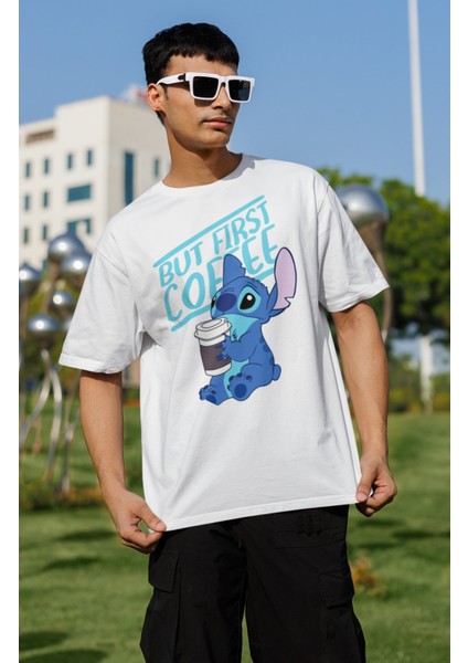 Unisex But First Coffee Stich Baskılı Tişört, Oversize Çizgi Film Temalı T-Shirt fiyatları