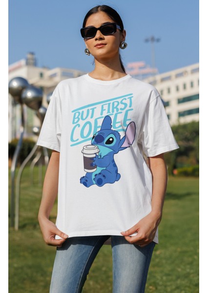 Unisex But First Coffee Stich Baskılı Tişört, Oversize Çizgi Film Temalı T-Shirt modelleri
