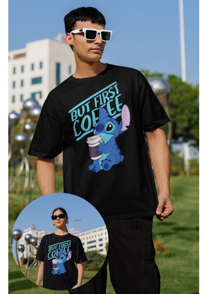 Unisex But First Coffee Stich Baskılı Tişört, Oversize Çizgi Film Temalı T-Shirt