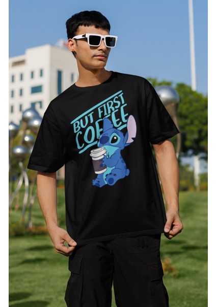 Unisex But First Coffee Stich Baskılı Tişört, Oversize Çizgi Film Temalı T-Shirt modelleri