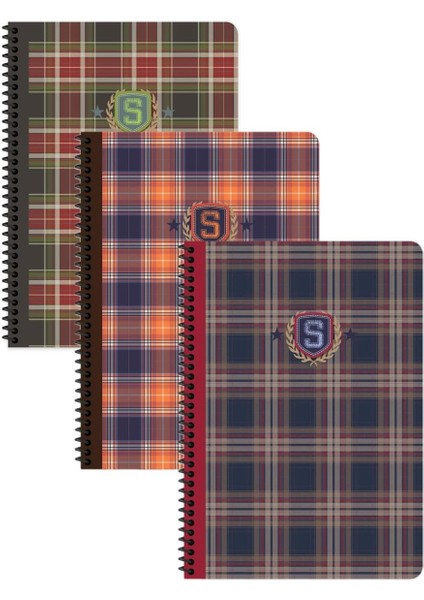 A4 Çizgili Spiralli Ekose Desenli Okul Defteri 3'lü Set | 80 Yaprak