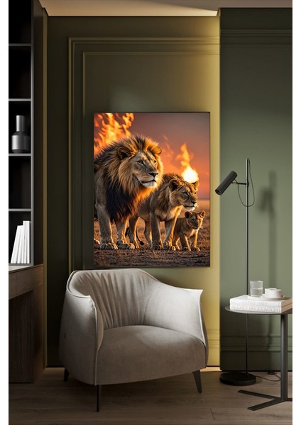 3'lü Cesur Aslan Kanvas Tablo Ev Duvar Salon Ofis Dükkan Hediyelik Dekarasyon Süsü